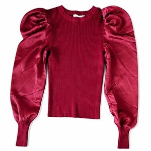 Red by BKE Maroon Ribbed Knit Top Large Satin Puff Sleeve Statement Sweater